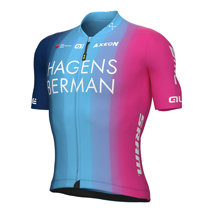 2022 Fahrradbekleidung Hagens Berman Axeon Fuchsie Azurblau Trikot Kurzarm und Tragerhose